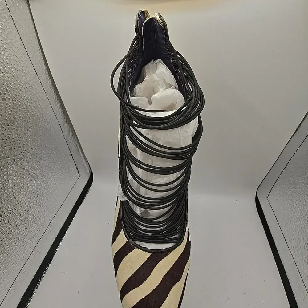 London Trash Zebra Stripes Pony Hair Platform Shoes Heels Leather sz 8 Pinup - Picture 3 of 16